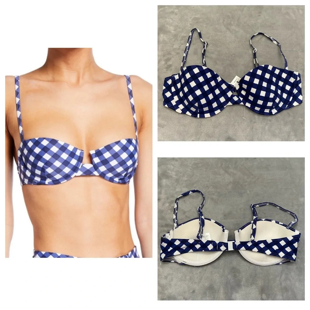 New! Onia gingham plaid underwire bikini top navy blue white 21515